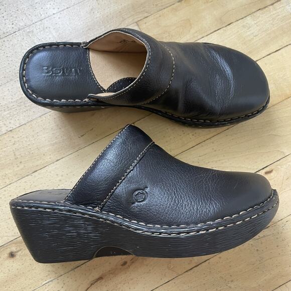 Born Women Black Leather Mule Slide Wedge Comfort Shoe Sz 8 Excellent Condition - Picture 1 of 11